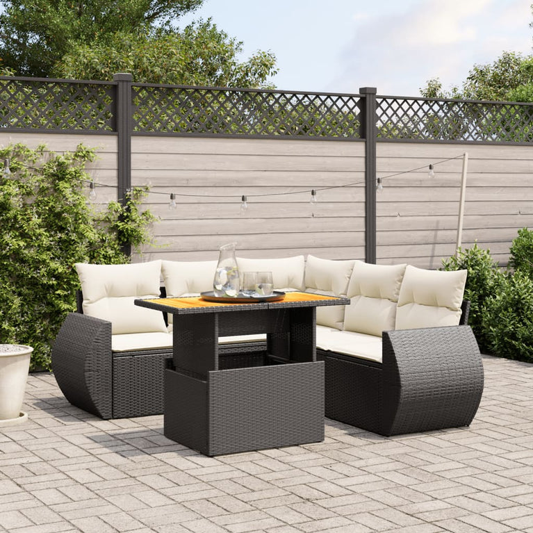 6-delige Loungeset met kussens poly rattan zwart