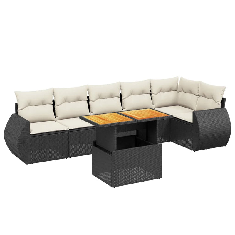 7-delige Loungeset met kussens poly rattan zwart