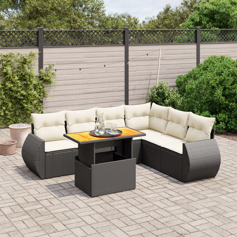 7-delige Loungeset met kussens poly rattan zwart