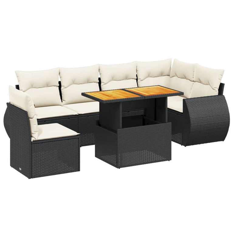 7-delige Loungeset met kussens poly rattan zwart