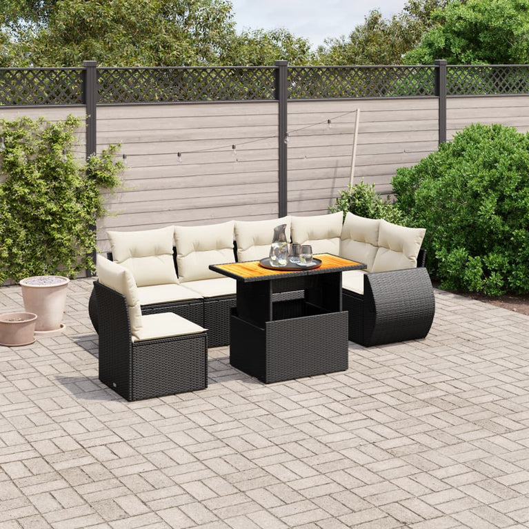 7-delige Loungeset met kussens poly rattan zwart