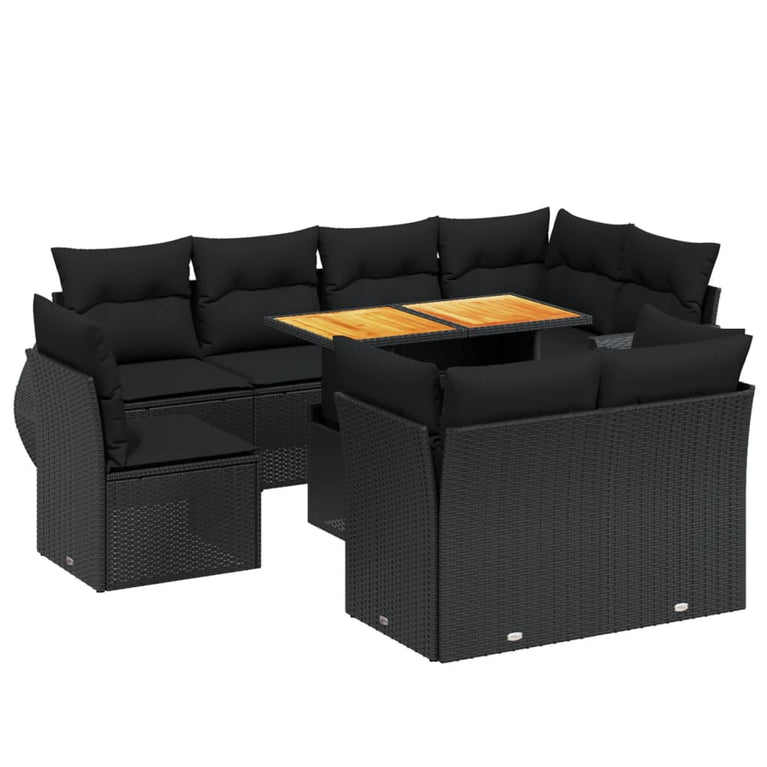 9-delige Loungeset met kussens poly rattan zwart