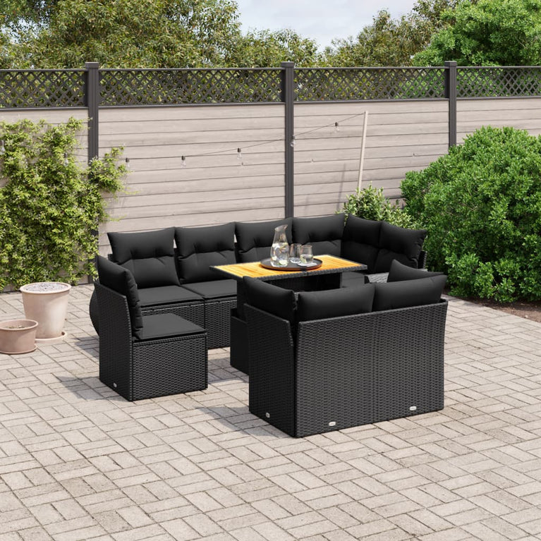 9-delige Loungeset met kussens poly rattan zwart
