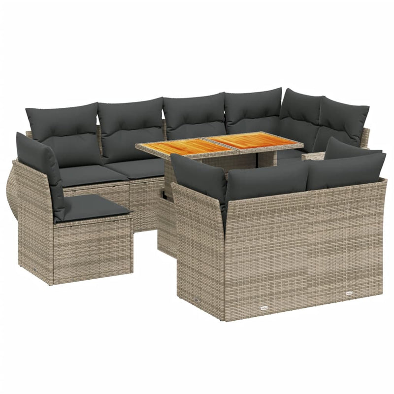 9-delige Loungeset met kussens poly rattan grijs