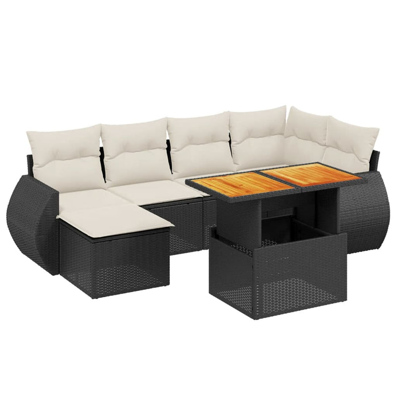 6-delige Loungeset met kussens poly rattan zwart