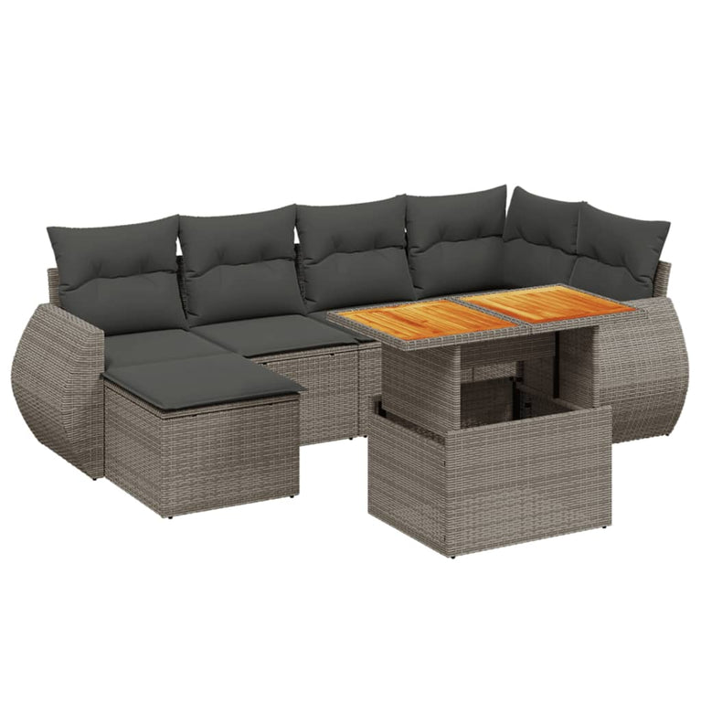 7-delige Loungeset met kussens poly rattan grijs