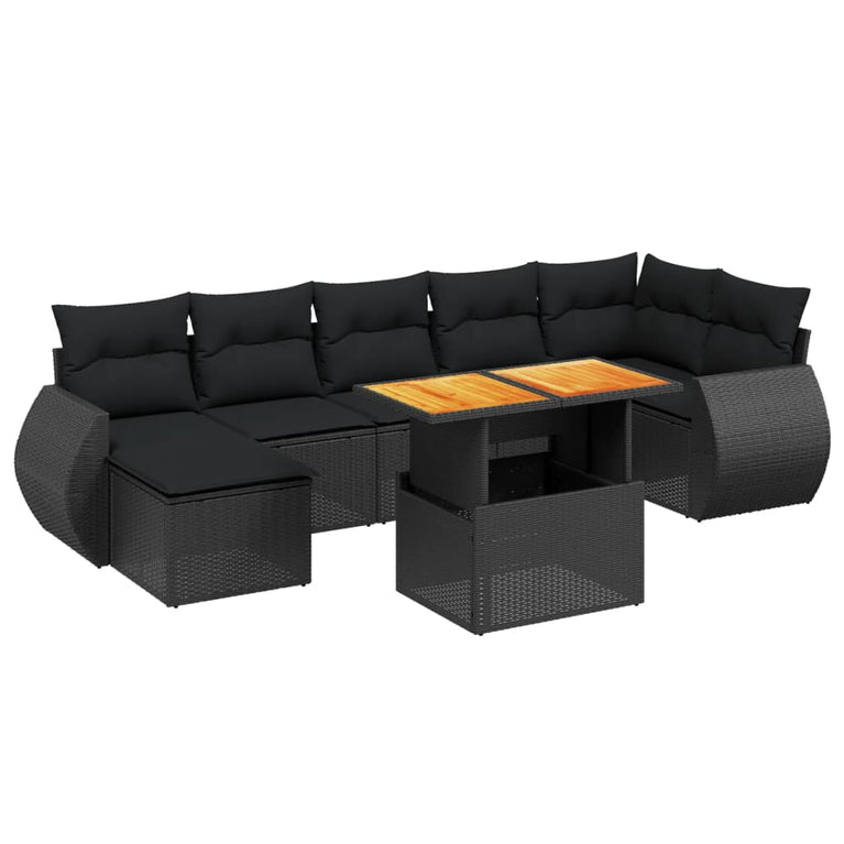 8-delige Loungeset met kussens poly rattan zwart
