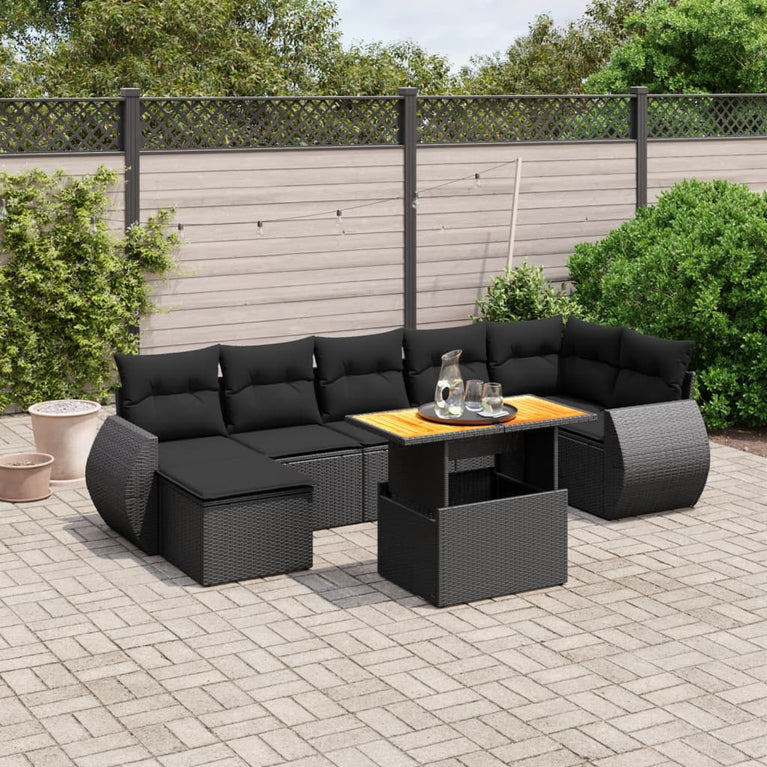 8-delige Loungeset met kussens poly rattan zwart