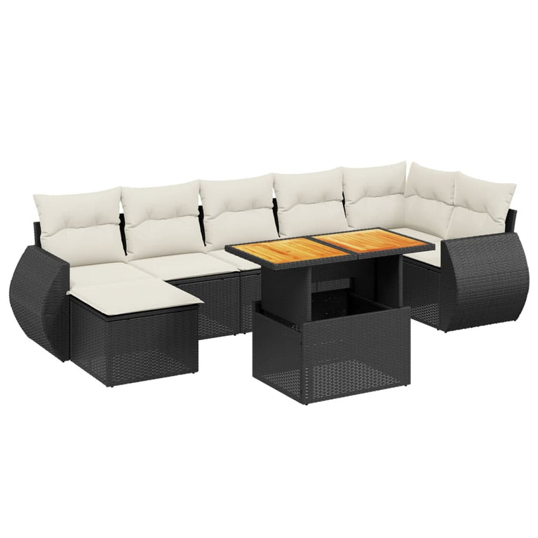 8-delige Loungeset met kussens poly rattan zwart