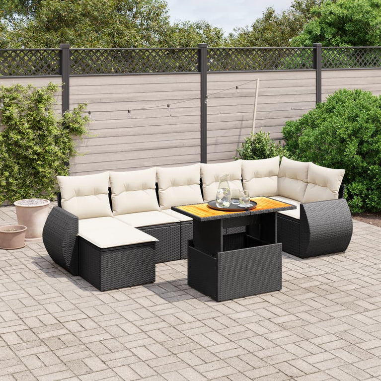 8-delige Loungeset met kussens poly rattan zwart