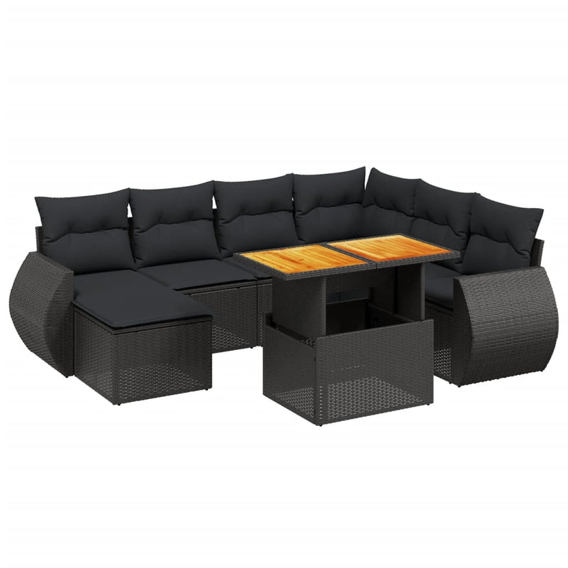 8-delige Loungeset met kussens poly rattan zwart