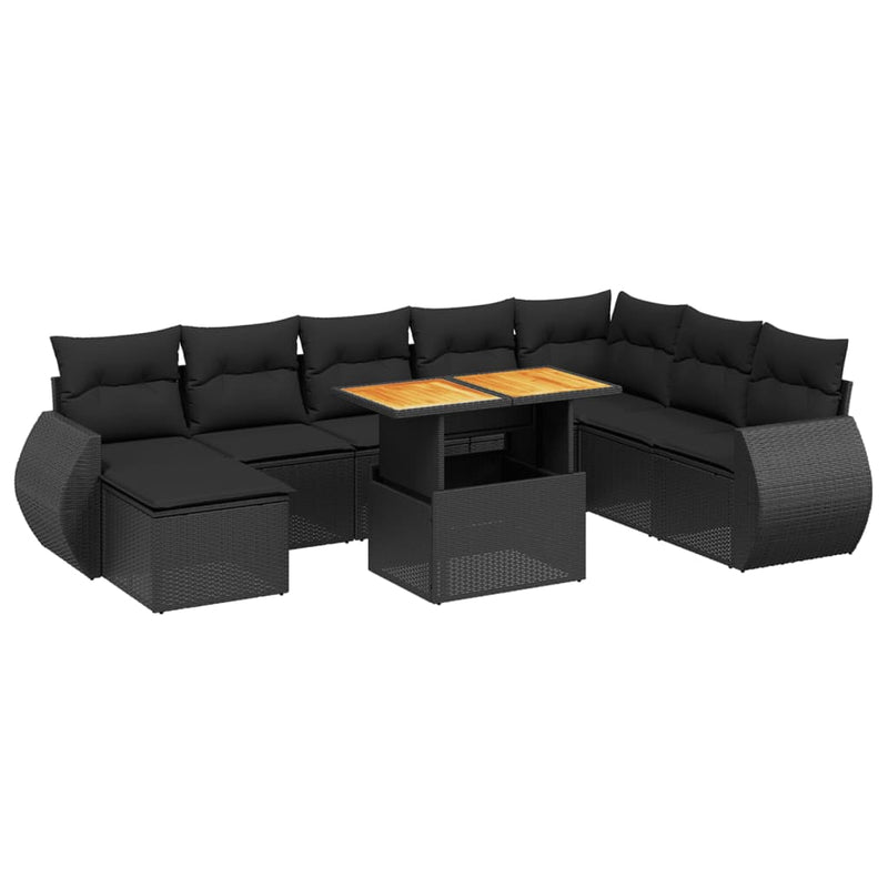 9-delige Loungeset met kussens poly rattan zwart