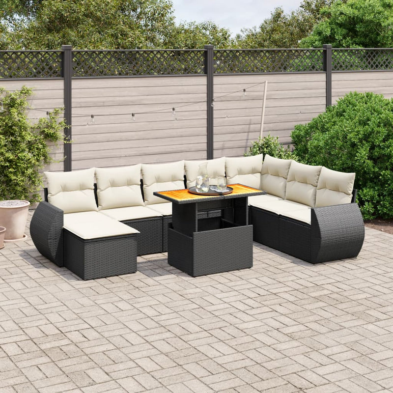 9-delige Loungeset met kussens poly rattan zwart