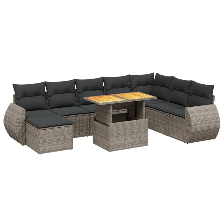 9-delige Loungeset met kussens poly rattan grijs