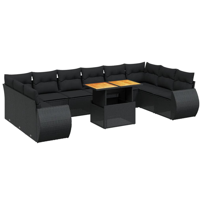 11-delige Loungeset met kussens poly rattan zwart