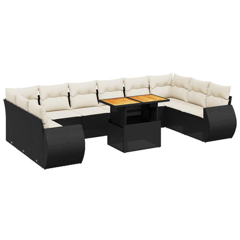 11-delige Loungeset met kussens poly rattan zwart
