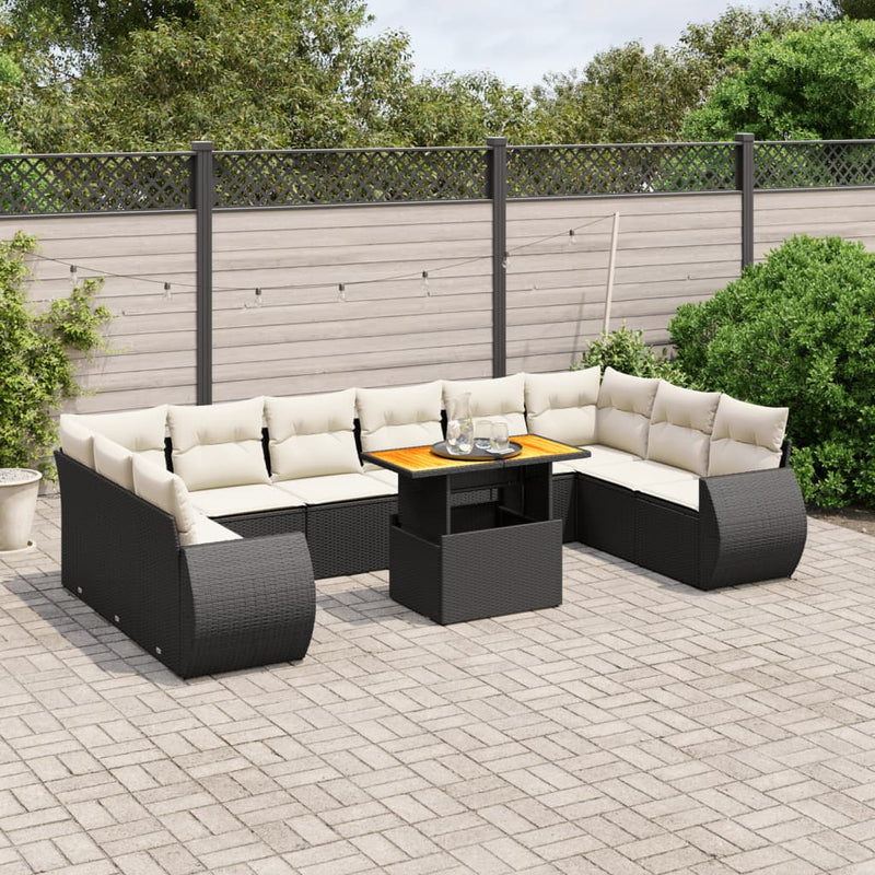 11-delige Loungeset met kussens poly rattan zwart
