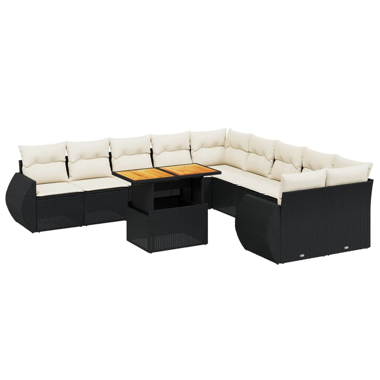 11-delige Loungeset met kussens poly rattan zwart