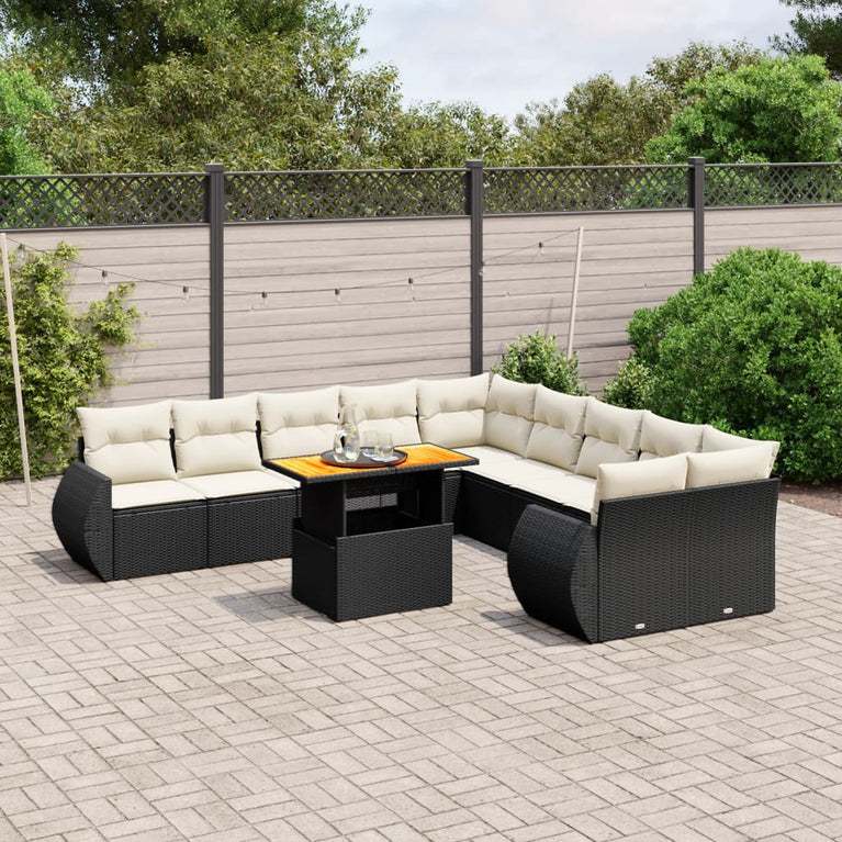 11-delige Loungeset met kussens poly rattan zwart