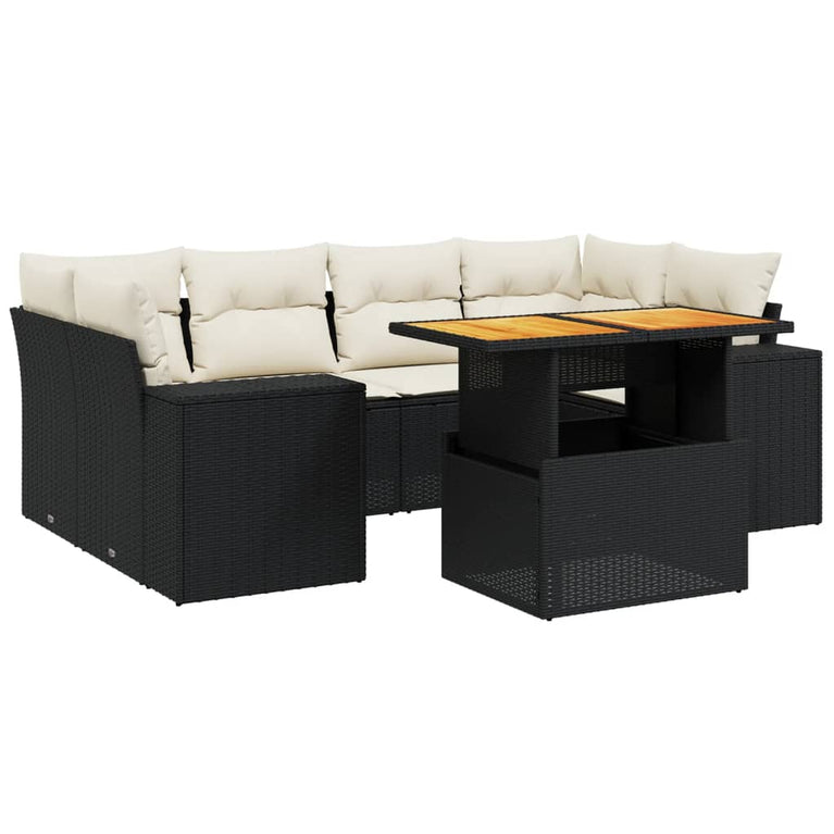7-delige Loungeset met kussens poly rattan zwart