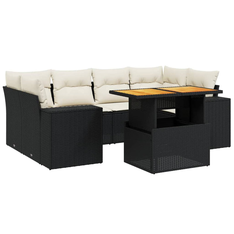 7-delige Loungeset met kussens poly rattan zwart