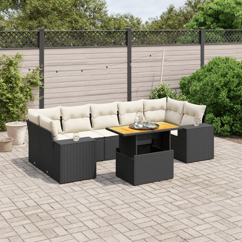8-delige Loungeset met kussens poly rattan zwart