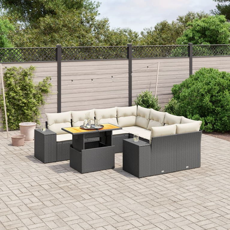 9-delige Loungeset met kussens poly rattan zwart