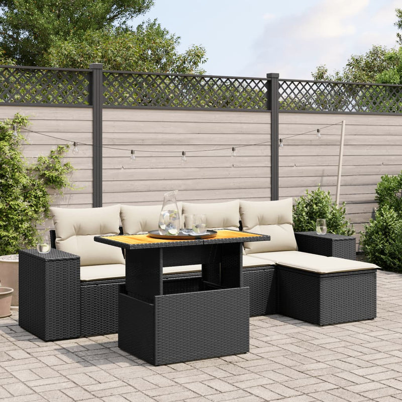 6-delige Loungeset met kussens poly rattan zwart