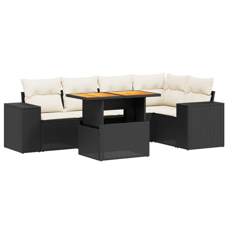 6-delige Loungeset met kussens poly rattan zwart