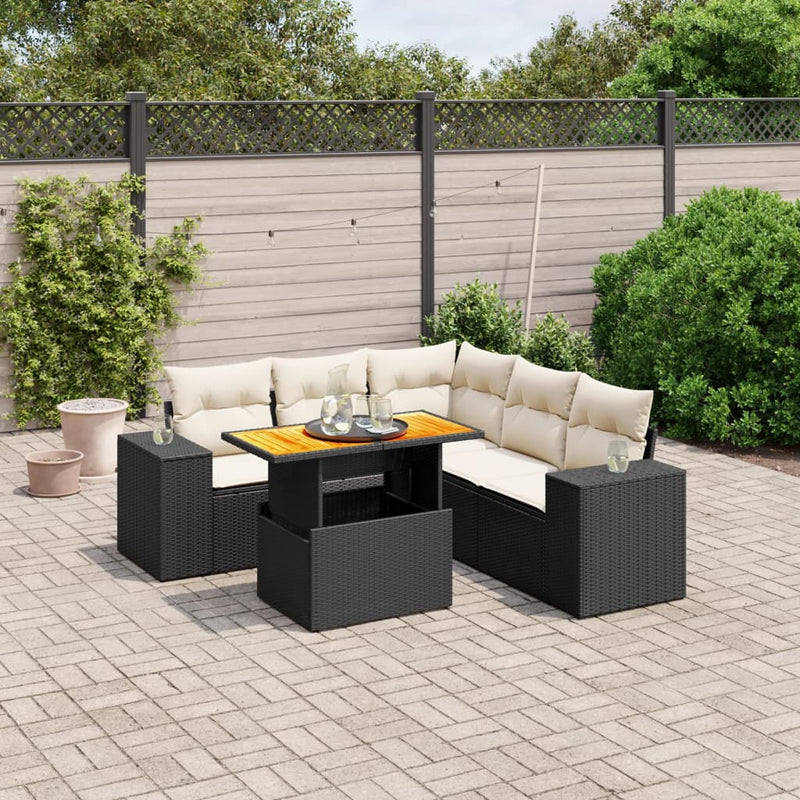 6-delige Loungeset met kussens poly rattan zwart