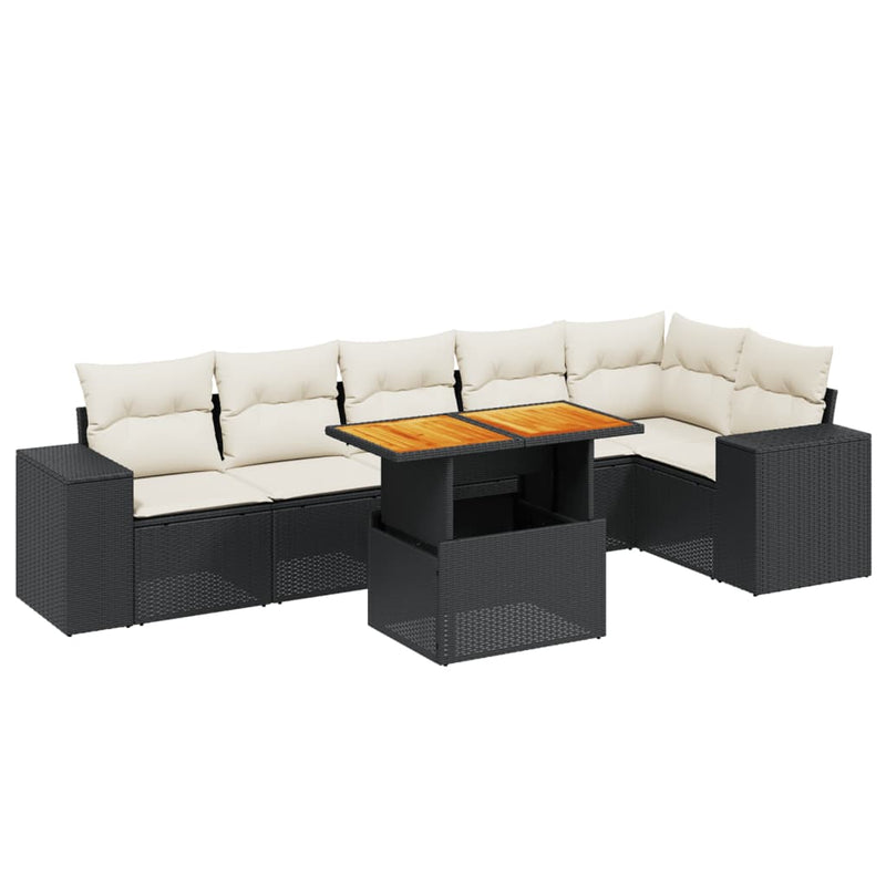 7-delige Loungeset met kussens poly rattan zwart