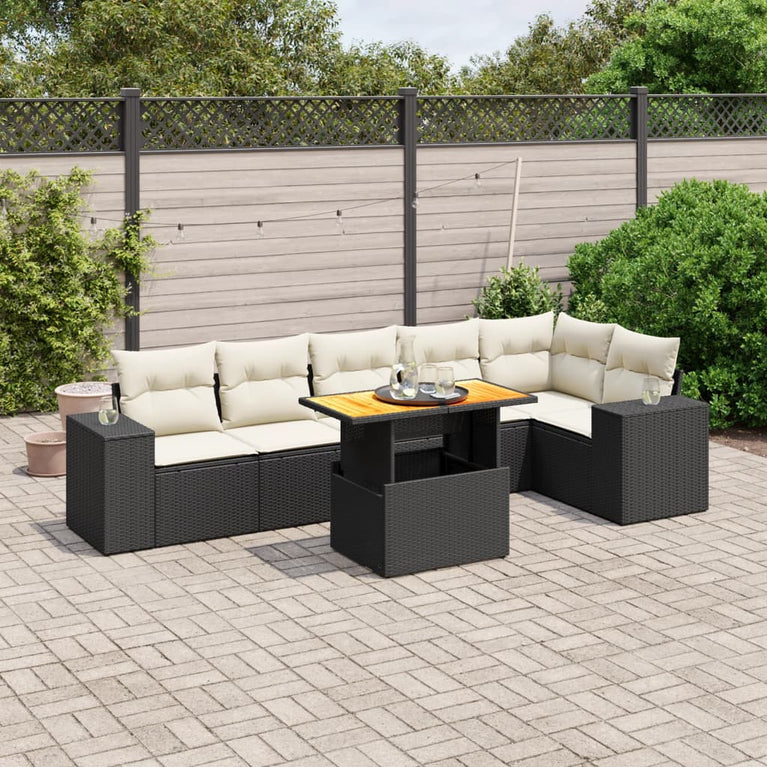 7-delige Loungeset met kussens poly rattan zwart