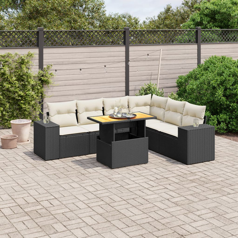 7-delige Loungeset met kussens poly rattan zwart
