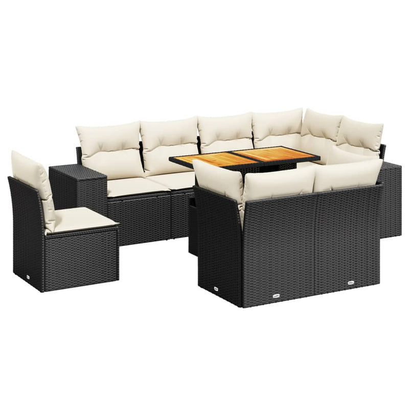 9-delige Loungeset met kussens poly rattan zwart