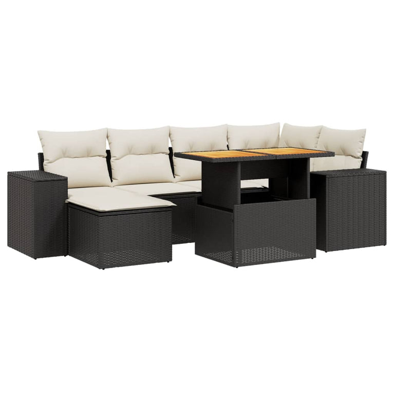 7-delige Loungeset met kussens poly rattan zwart