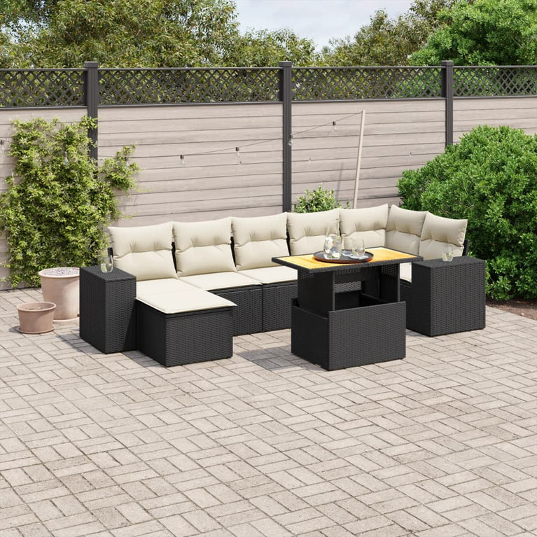 8-delige Loungeset met kussens poly rattan zwart