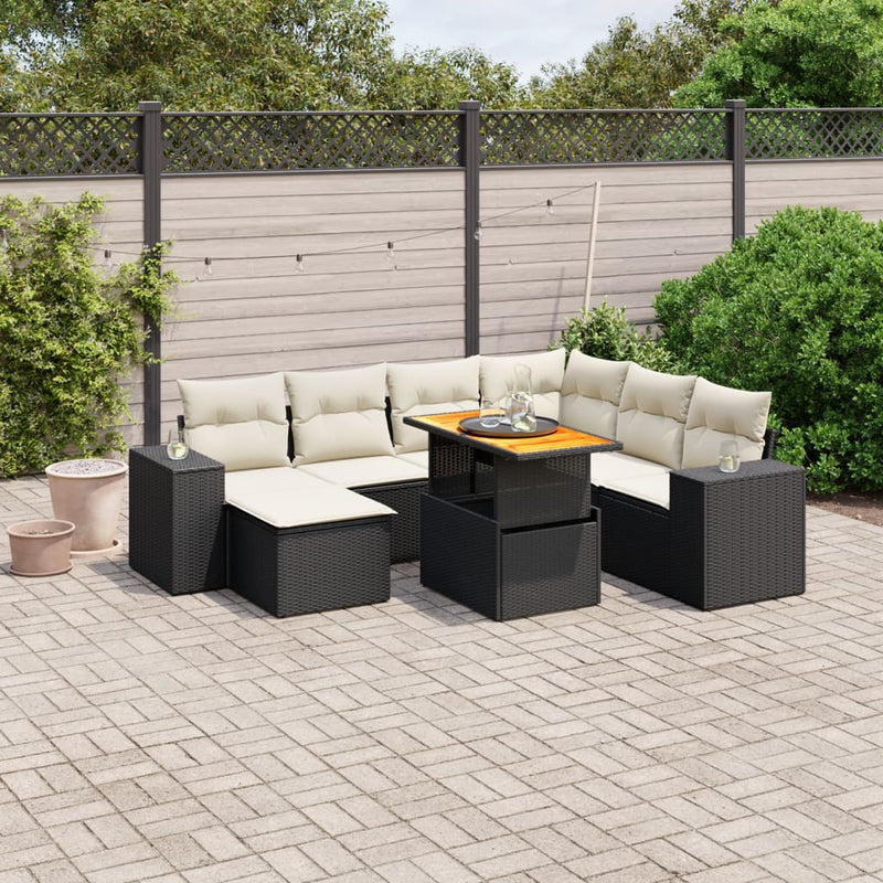 8-delige Loungeset met kussens poly rattan zwart