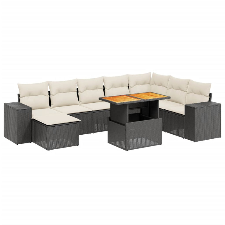 9-delige Loungeset met kussens poly rattan zwart
