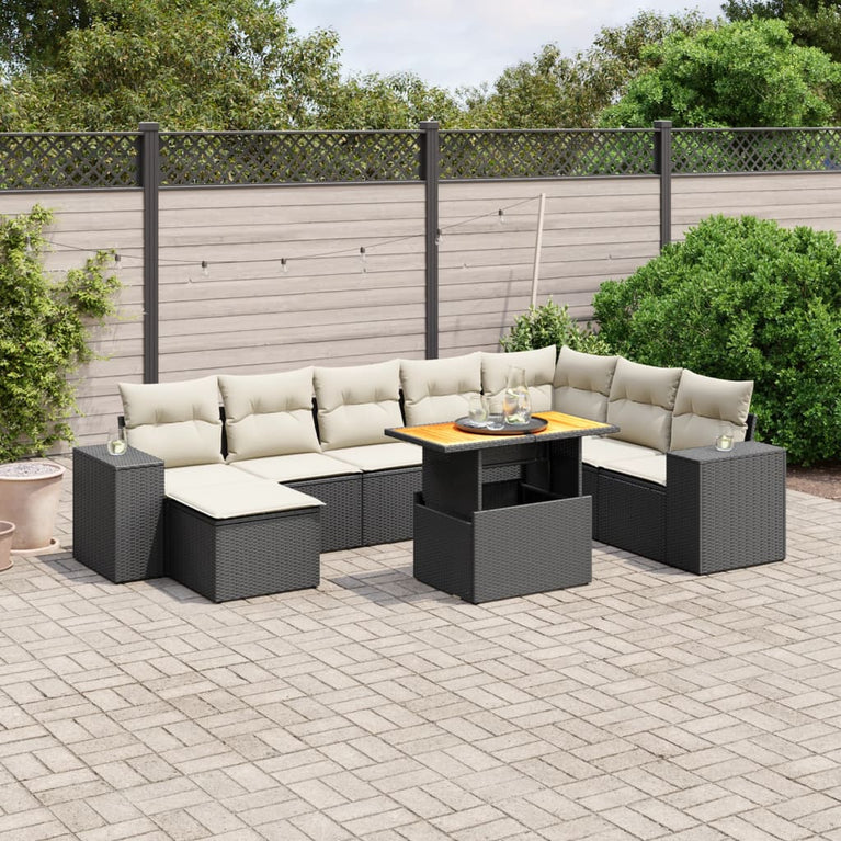 9-delige Loungeset met kussens poly rattan zwart