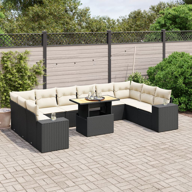 11-delige Loungeset met kussens poly rattan zwart