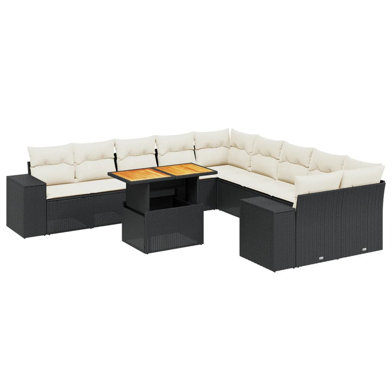 11-delige Loungeset met kussens poly rattan zwart