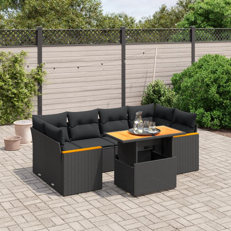 7-delige Loungeset met kussens poly rattan zwart