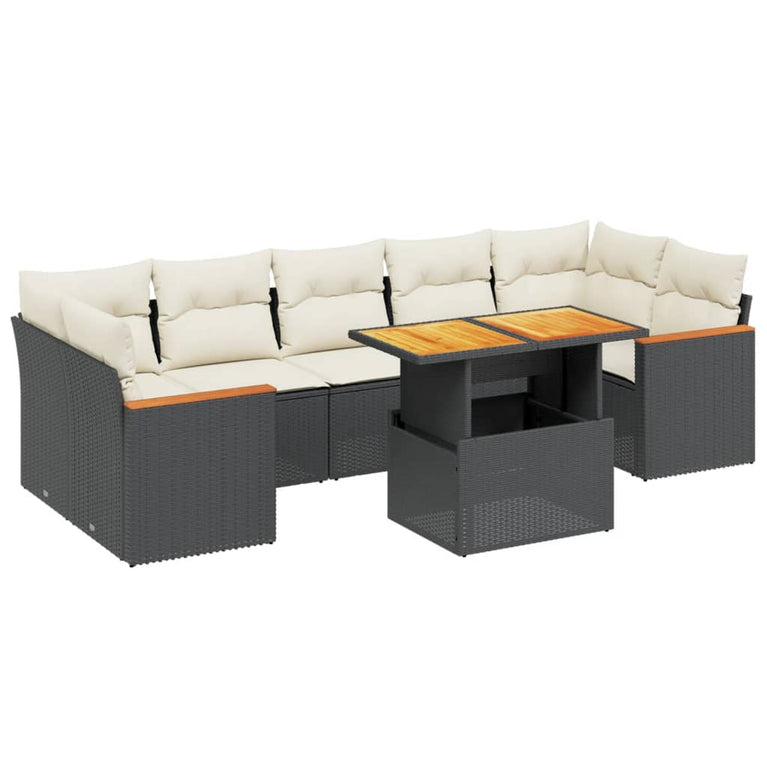 8-delige Loungeset met kussens poly rattan zwart