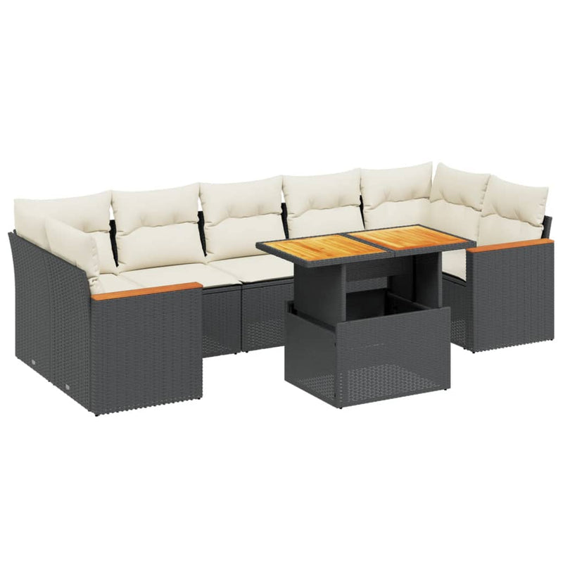 8-delige Loungeset met kussens poly rattan zwart