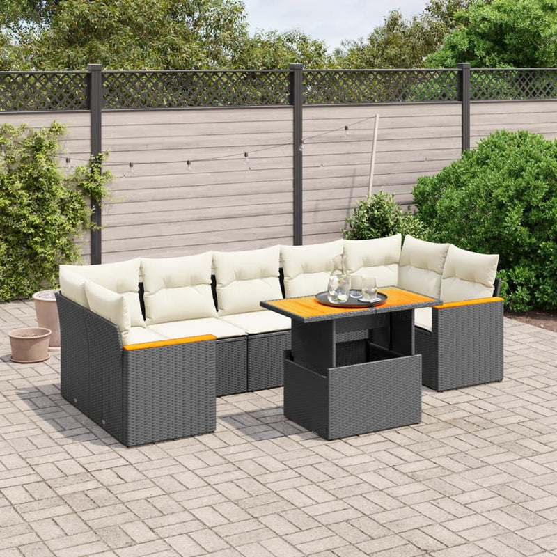 8-delige Loungeset met kussens poly rattan zwart
