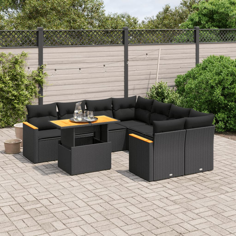 9-delige Loungeset met kussens poly rattan zwart