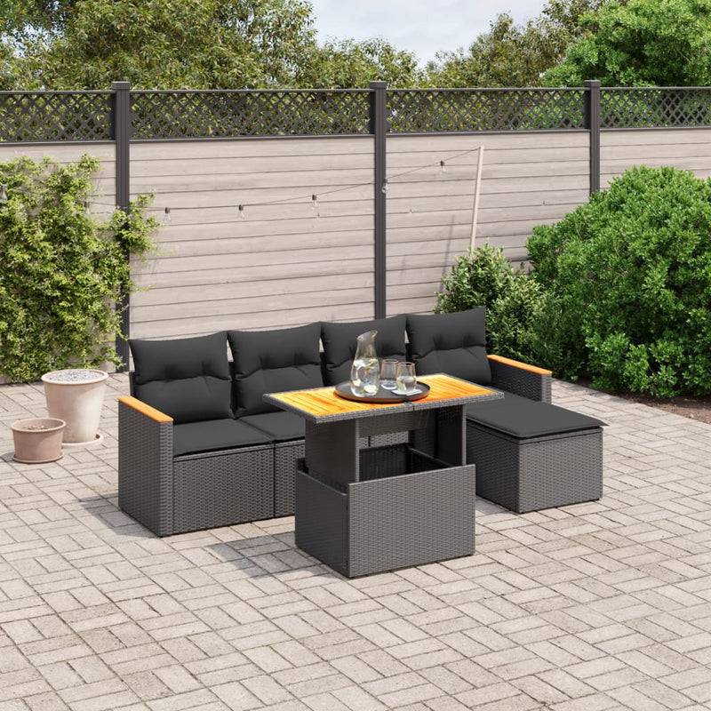 6-delige Loungeset met kussens poly rattan zwart