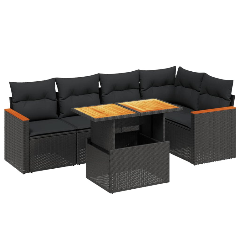 6-delige Loungeset met kussens poly rattan zwart
