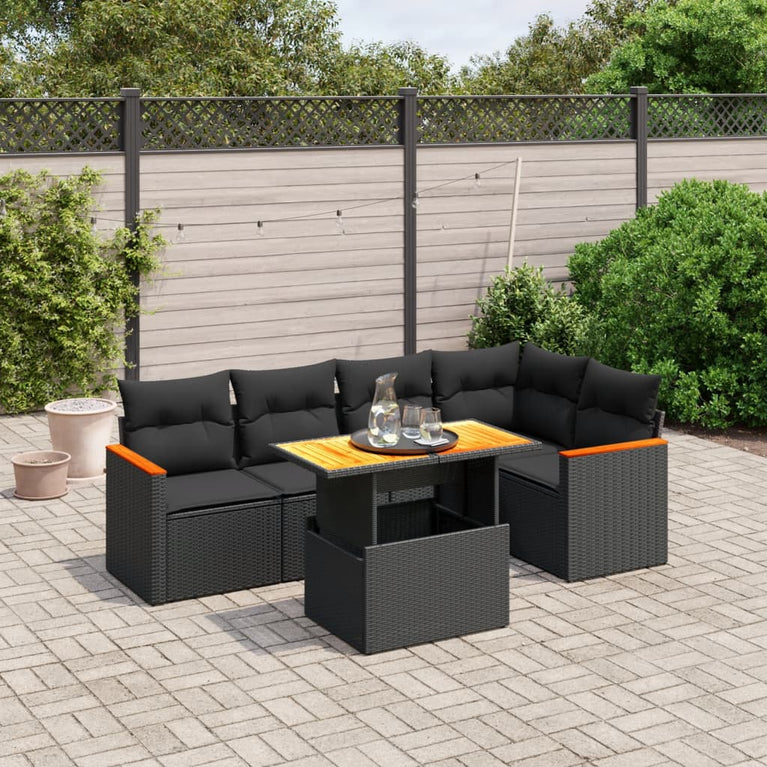 6-delige Loungeset met kussens poly rattan zwart