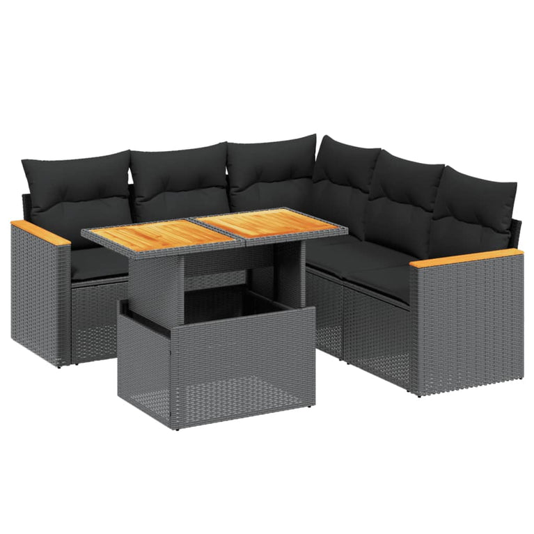 6-delige Loungeset met kussens poly rattan zwart